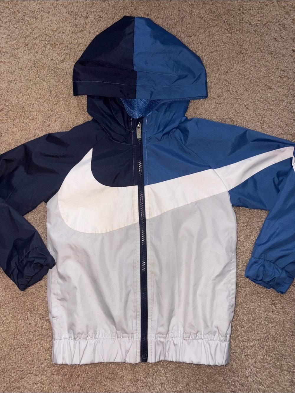 Nike Kids Blue and White Colorblock Hooded Rain Jacket